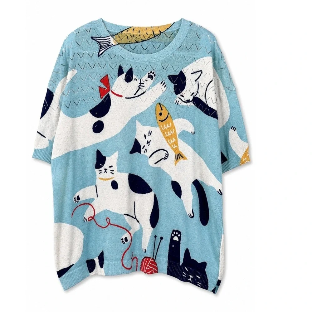 Unbranded Blue Cat‎ Print Knit Top Short Sleeve Whimsical Fish Pattern Sweater